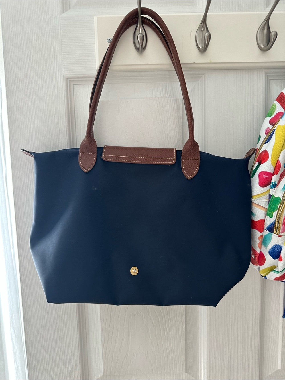 Longchamp Navy Tote with Brown Leather Trim